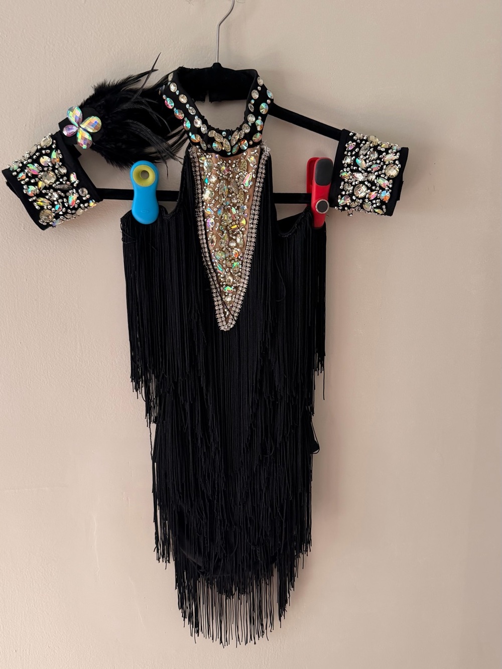 Glamour Dance Costume Adult Small Black Fringe Dress with Crystal Embellishment